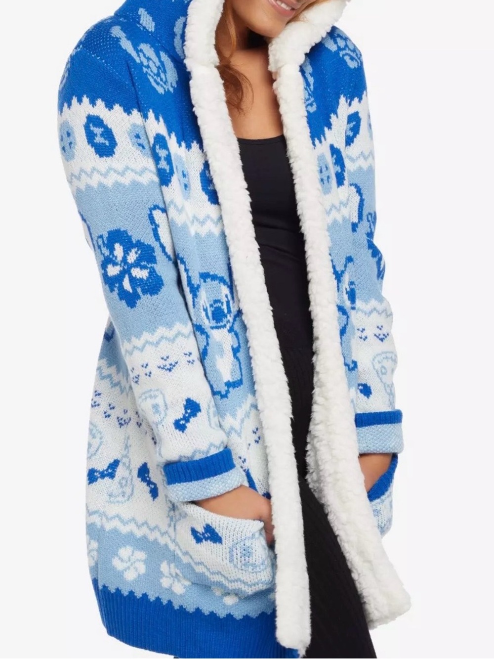 Disney Lilo & Stitch Fair Isle Sherpa Girls Open Cardigan Juniors Large